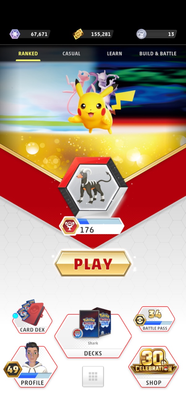 PTCG Live home screen, with the Profile button at the bottom left